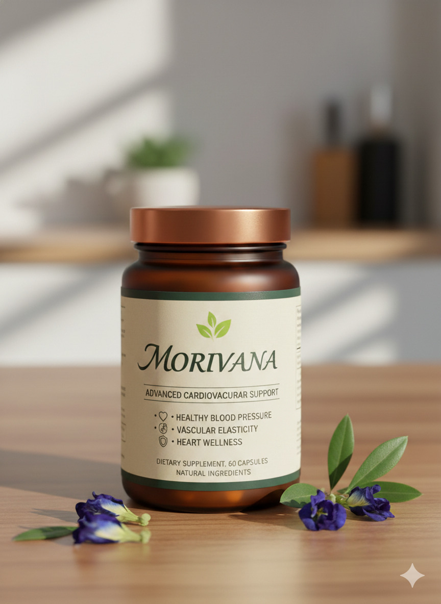 Morivana food supplement bottle and box on a neutral surface